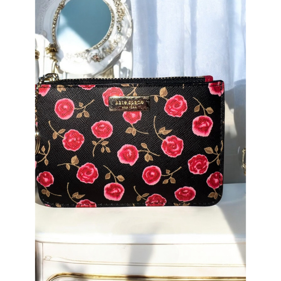 Kate Spade Laurel Floral Black Red Pink Roses Wallet Key Chain Card Holder - Picture 4 of 6